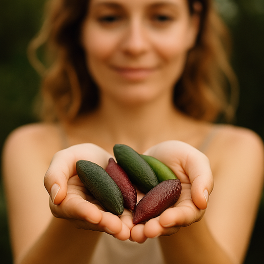 A poetic flat lay of Australian native botanicals like Kakadu Plum, Quandong, and Finger Lime bathed in golden sunlight for sustainable skincare.
