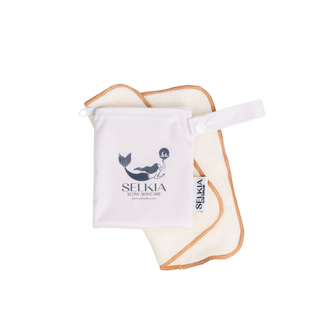 Selkia tan colour lined natural bamboo face wash cloth and washable waterproof white carrier bag