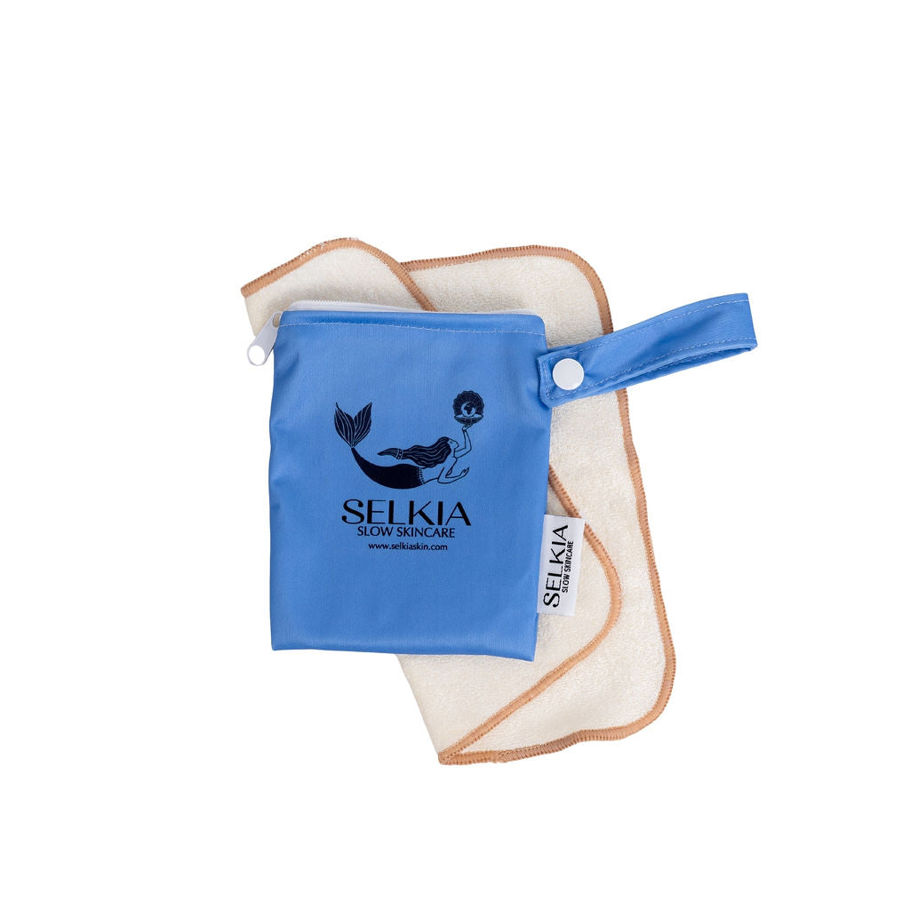 Selkia tan colour lined natural bamboo face wash cloth and washable waterproof blue carrier bag