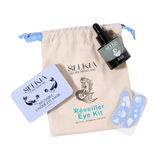 Selkia Australian made eye kit displayed on canvas drawstring bag with refillable natural eye serum and reusable silicon eye masks