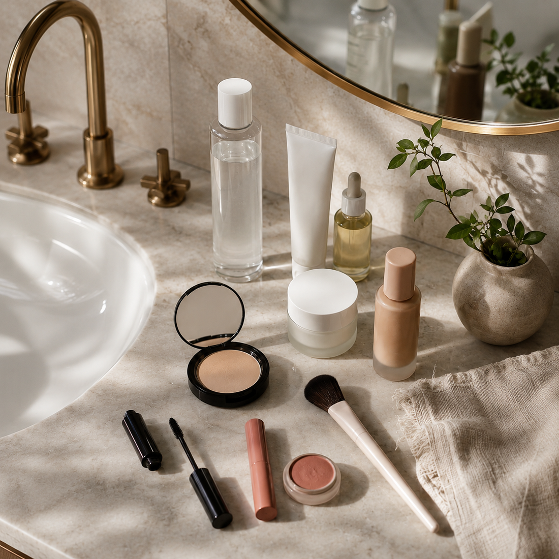 Skincare under makeup routine with Selkia Face Tonic, Face Balm, Bioactive Face Oil and SPF50+ to support hydrated skin and smoother, longer-lasting foundation.