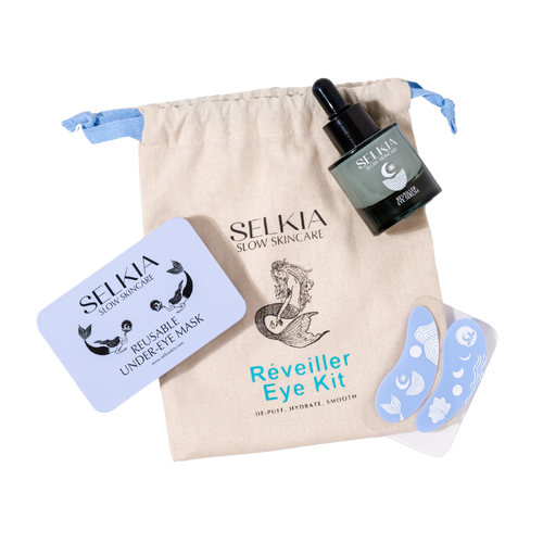 Selkia Australian made eye kit displayed on canvas drawstring bag with refillable natural eye serum and reusable silicon eye masks