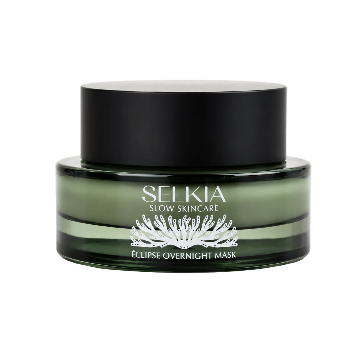 A jar of Selkia Slow Skincare Eclipse Overnight Mask, featuring a dark green translucent jar and a matte black lid, set against a plain white background.